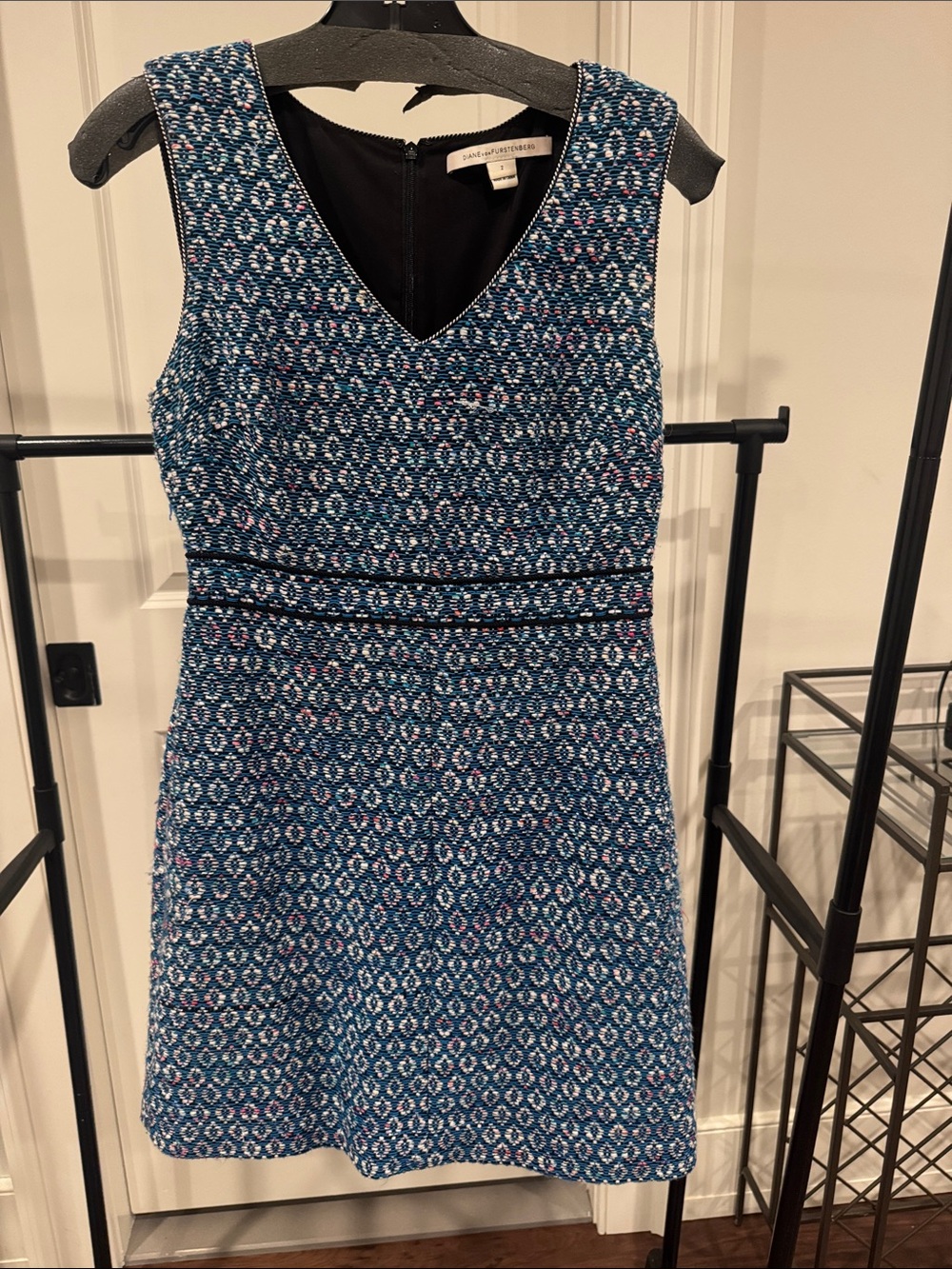 Diane Von Furstenberg Blue & Pink Patterned V-Neck Fit-and-Flare Dress